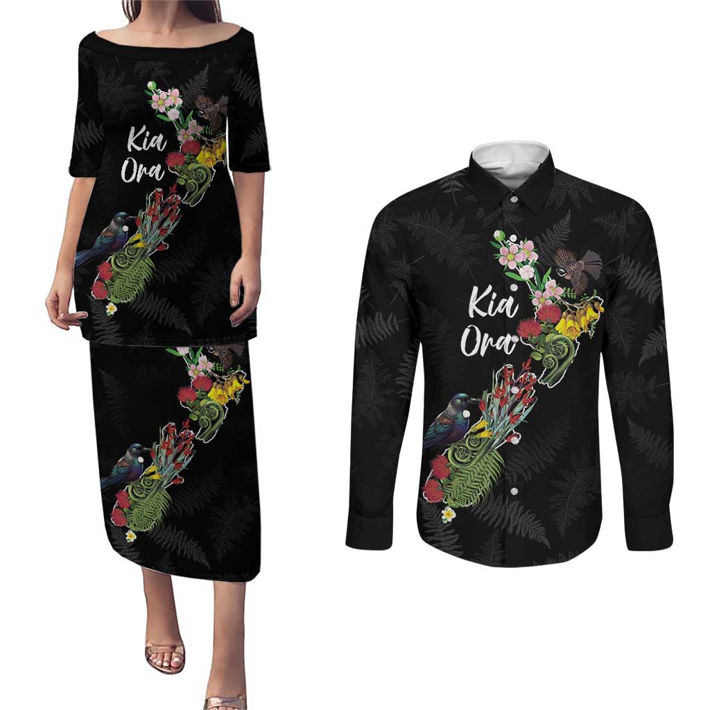 Kia Ora New Zealand Floral Personalized Couples Matching Puletasi and Long Sleeve Button Shirt Black - Polynesian Pride