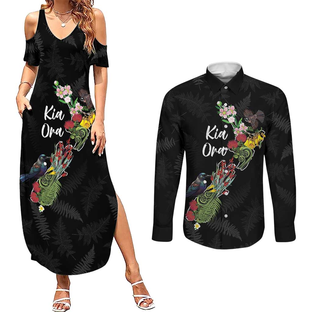 Kia Ora New Zealand Floral Personalized Couples Matching Summer Maxi Dress and Long Sleeve Button Shirt Black - Polynesian Pride