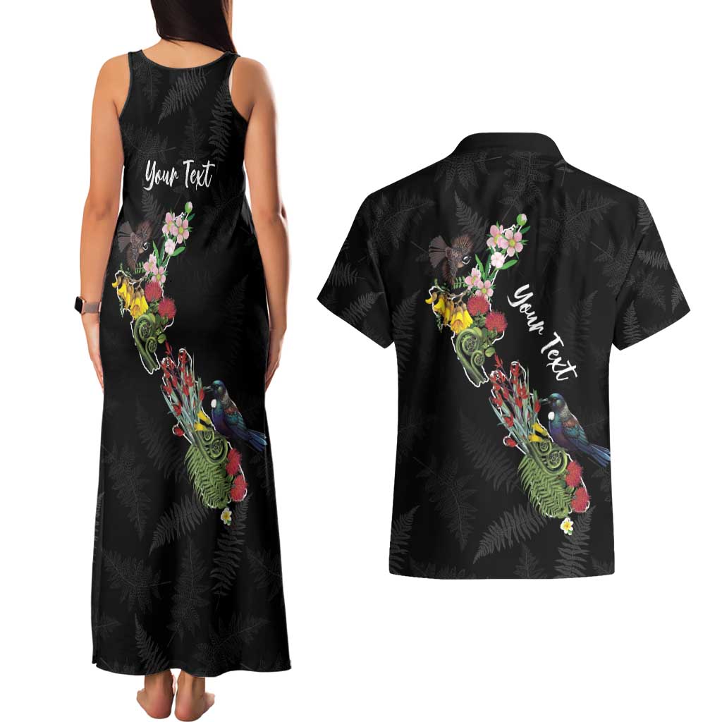 Kia Ora New Zealand Floral Personalized Couples Matching Tank Maxi Dress and Hawaiian Shirt Black - Polynesian Pride
