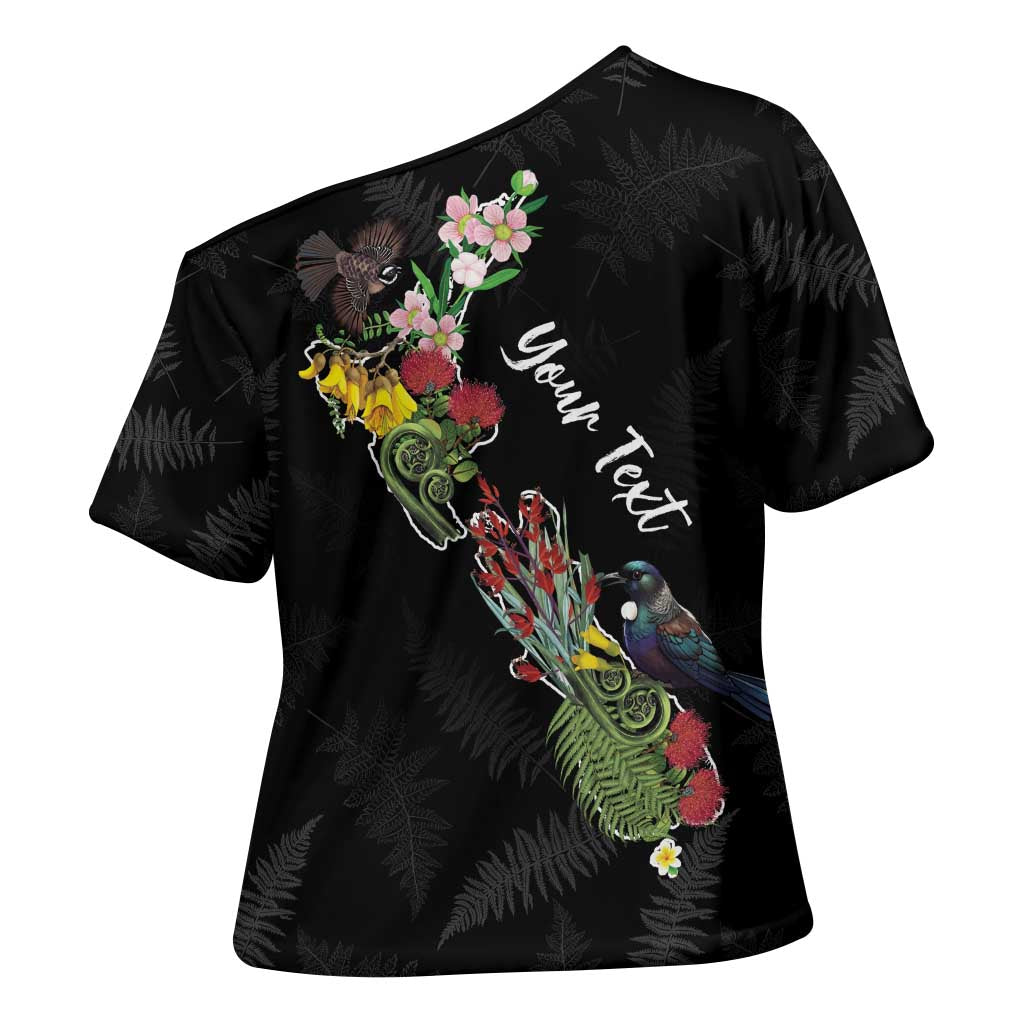 Kia Ora New Zealand Floral Personalized Cross Shoulder Shirt Black LT7 - Polynesian Pride