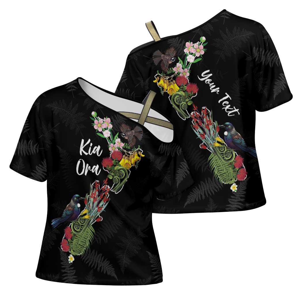 Kia Ora New Zealand Floral Personalized Cross Shoulder Shirt Black LT7 - Polynesian Pride