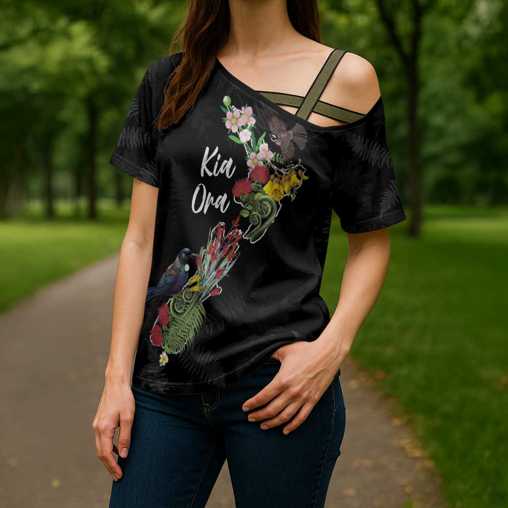 Kia Ora New Zealand Floral Personalized Cross Shoulder Shirt Black LT7 - Polynesian Pride