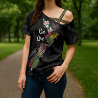 Kia Ora New Zealand Floral Personalized Cross Shoulder Shirt Black LT7 - Polynesian Pride