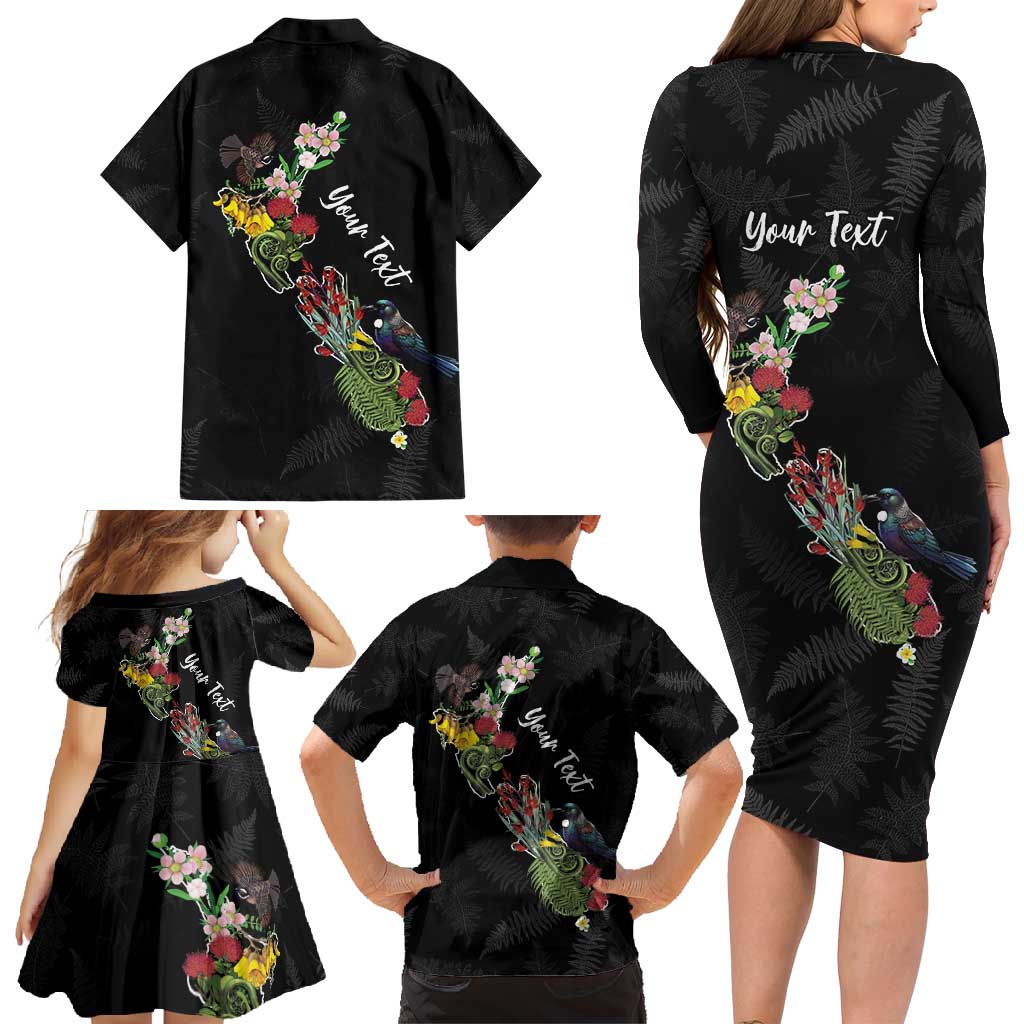 Kia Ora New Zealand Floral Personalized Family Matching Long Sleeve Bodycon Dress and Hawaiian Shirt Black - Polynesian Pride