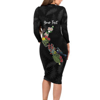 Kia Ora New Zealand Floral Personalized Family Matching Long Sleeve Bodycon Dress and Hawaiian Shirt Black - Polynesian Pride