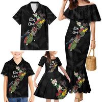 Kia Ora New Zealand Floral Personalized Family Matching Mermaid Dress and Hawaiian Shirt Black - Polynesian Pride