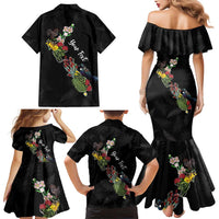 Kia Ora New Zealand Floral Personalized Family Matching Mermaid Dress and Hawaiian Shirt Black - Polynesian Pride