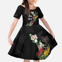Kia Ora New Zealand Floral Personalized Family Matching Off The Shoulder Long Sleeve Dress and Hawaiian Shirt Black - Polynesian Pride