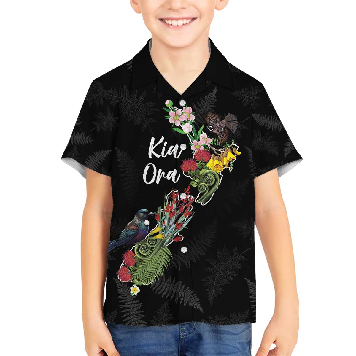 Kia Ora New Zealand Floral Personalized Family Matching Off The Shoulder Long Sleeve Dress and Hawaiian Shirt Black - Polynesian Pride