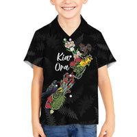 Kia Ora New Zealand Floral Personalized Family Matching Off The Shoulder Long Sleeve Dress and Hawaiian Shirt Black - Polynesian Pride