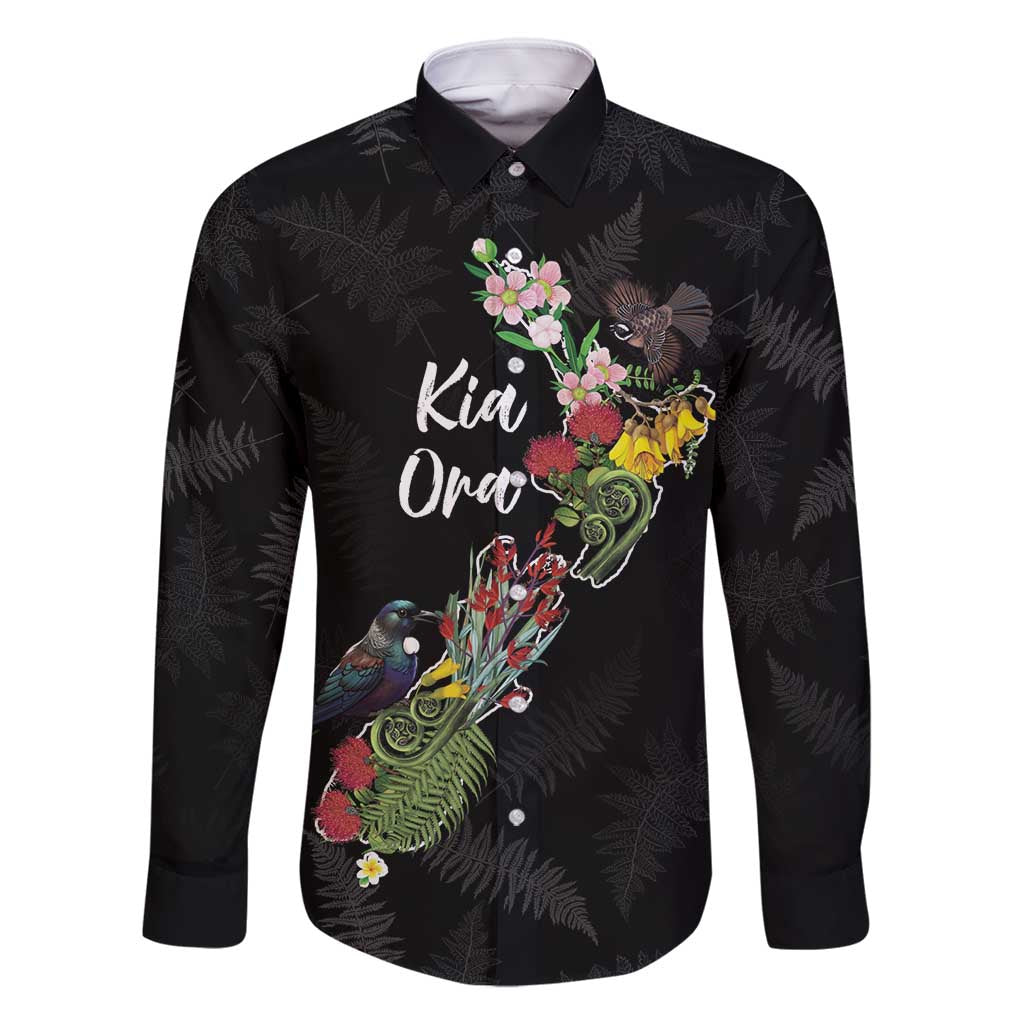 Kia Ora New Zealand Floral Personalized Family Matching Off Shoulder Maxi Dress and Hawaiian Shirt Black - Polynesian Pride
