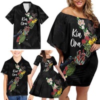 Kia Ora New Zealand Floral Personalized Family Matching Off Shoulder Short Dress and Hawaiian Shirt Black - Polynesian Pride