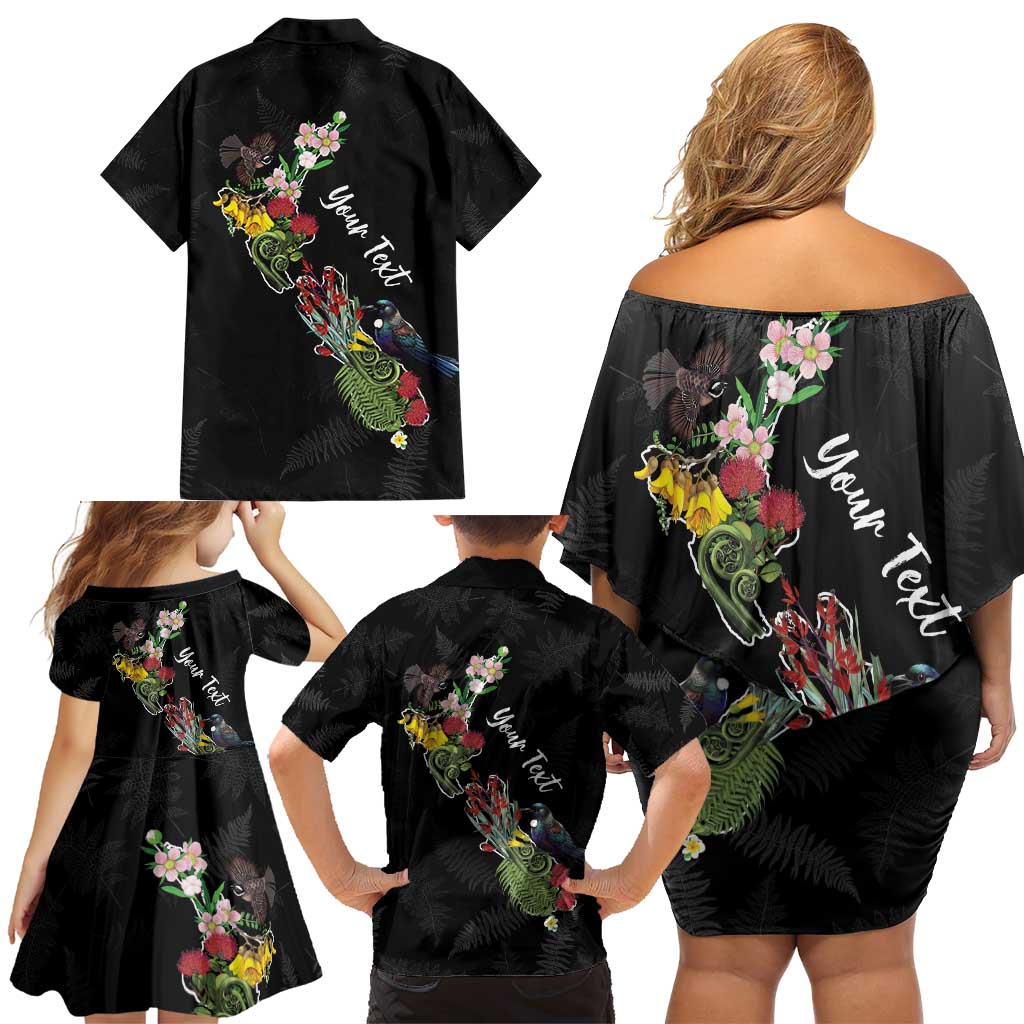 Kia Ora New Zealand Floral Personalized Family Matching Off Shoulder Short Dress and Hawaiian Shirt Black - Polynesian Pride
