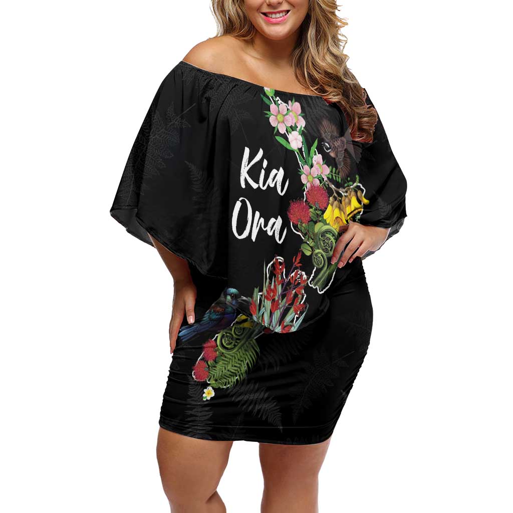 Kia Ora New Zealand Floral Personalized Family Matching Off Shoulder Short Dress and Hawaiian Shirt Black - Polynesian Pride