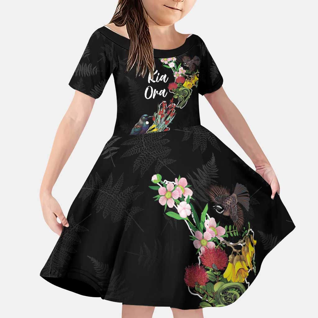 Kia Ora New Zealand Floral Personalized Family Matching Puletasi and Hawaiian Shirt Black - Polynesian Pride