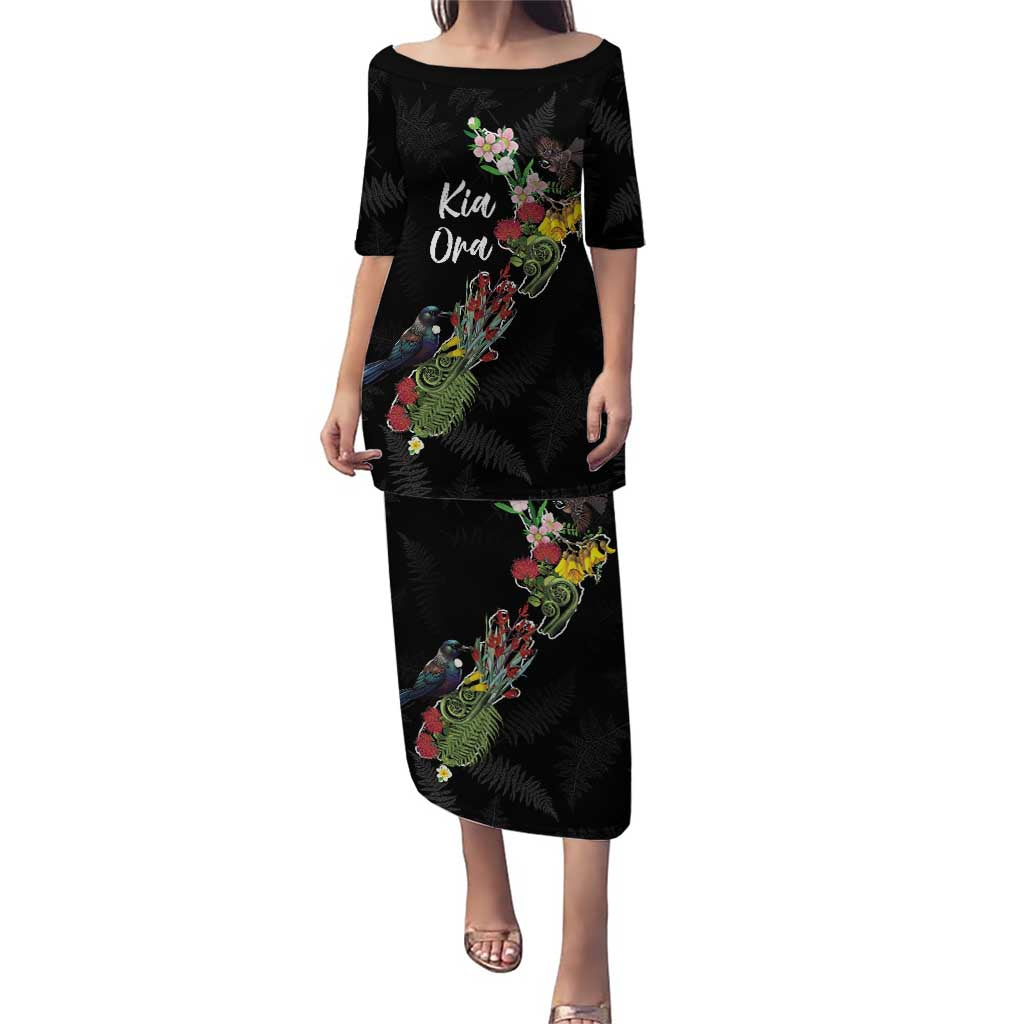 Kia Ora New Zealand Floral Personalized Family Matching Puletasi and Hawaiian Shirt Black - Polynesian Pride