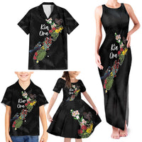 Kia Ora New Zealand Floral Personalized Family Matching Tank Maxi Dress and Hawaiian Shirt Black - Polynesian Pride