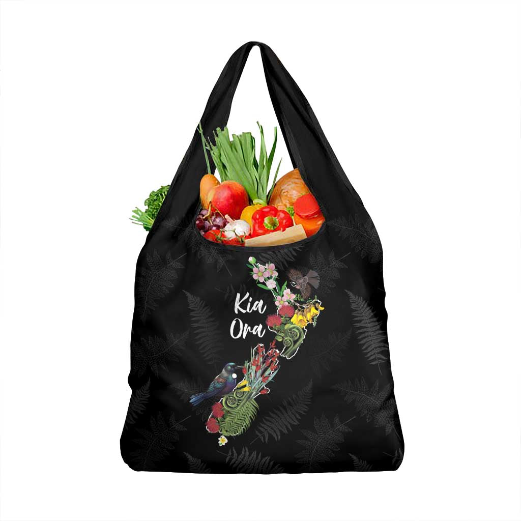 Kia Ora New Zealand Floral Grocery Bag Black LT7 1-pack One Size Black - Polynesian Pride