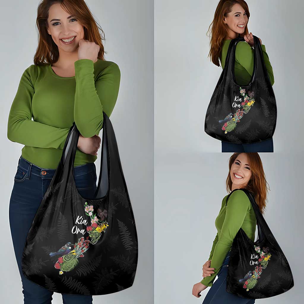 Kia Ora New Zealand Floral Grocery Bag Black LT7 - Polynesian Pride