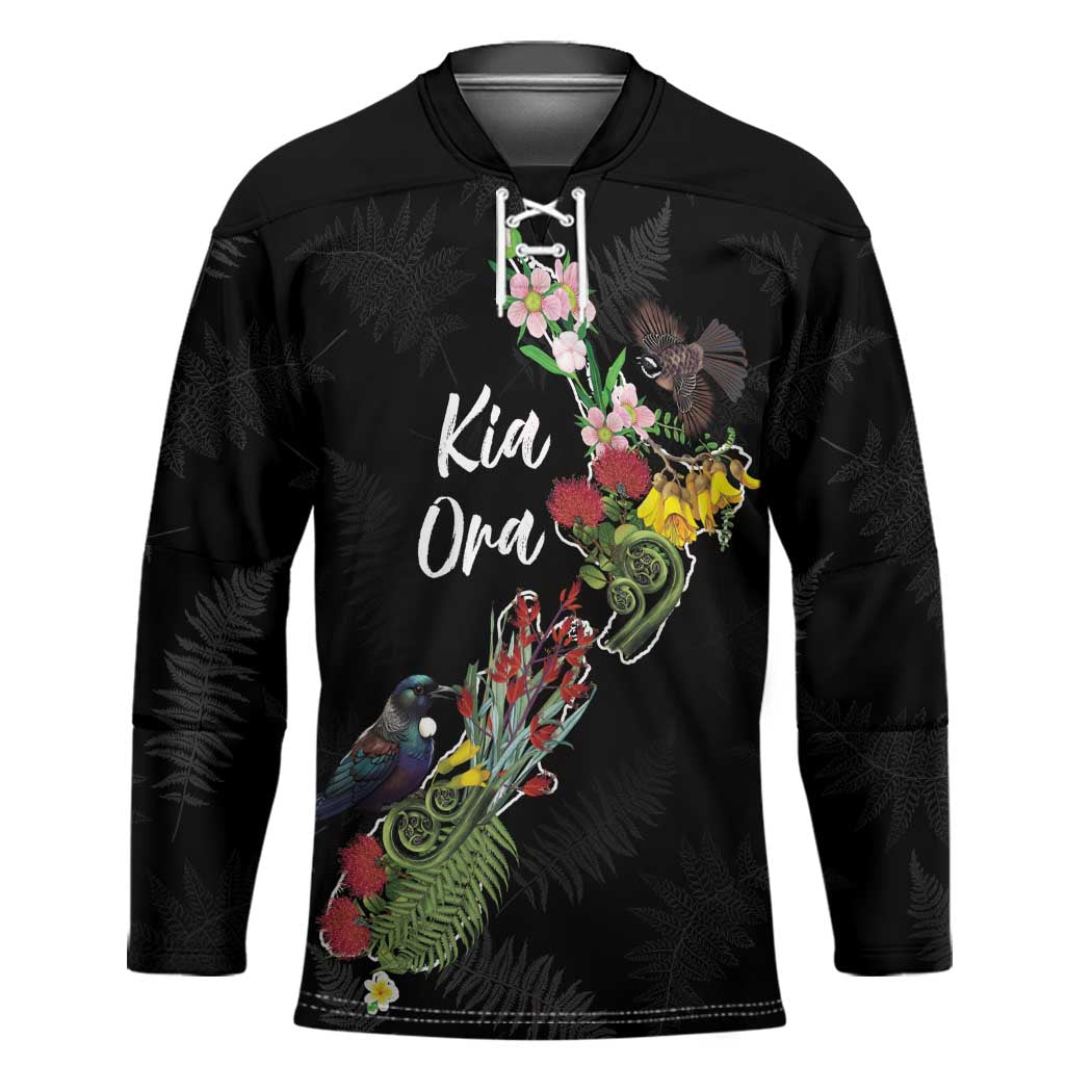 Kia Ora New Zealand Floral Personalized Hockey Jersey Black - Polynesian Pride