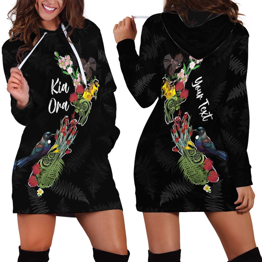 Kia Ora New Zealand Floral Personalized Hoodie Dress Black - Polynesian Pride