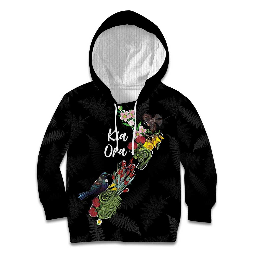 Kia Ora New Zealand Floral Personalized Kid Hoodie Black - Polynesian Pride