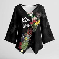 Kia Ora New Zealand Floral Personalized Kimono Sleeve Blouse Black LT7 Female Black - Polynesian Pride