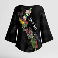 Kia Ora New Zealand Floral Personalized Kimono Sleeve Blouse Black LT7 - Polynesian Pride