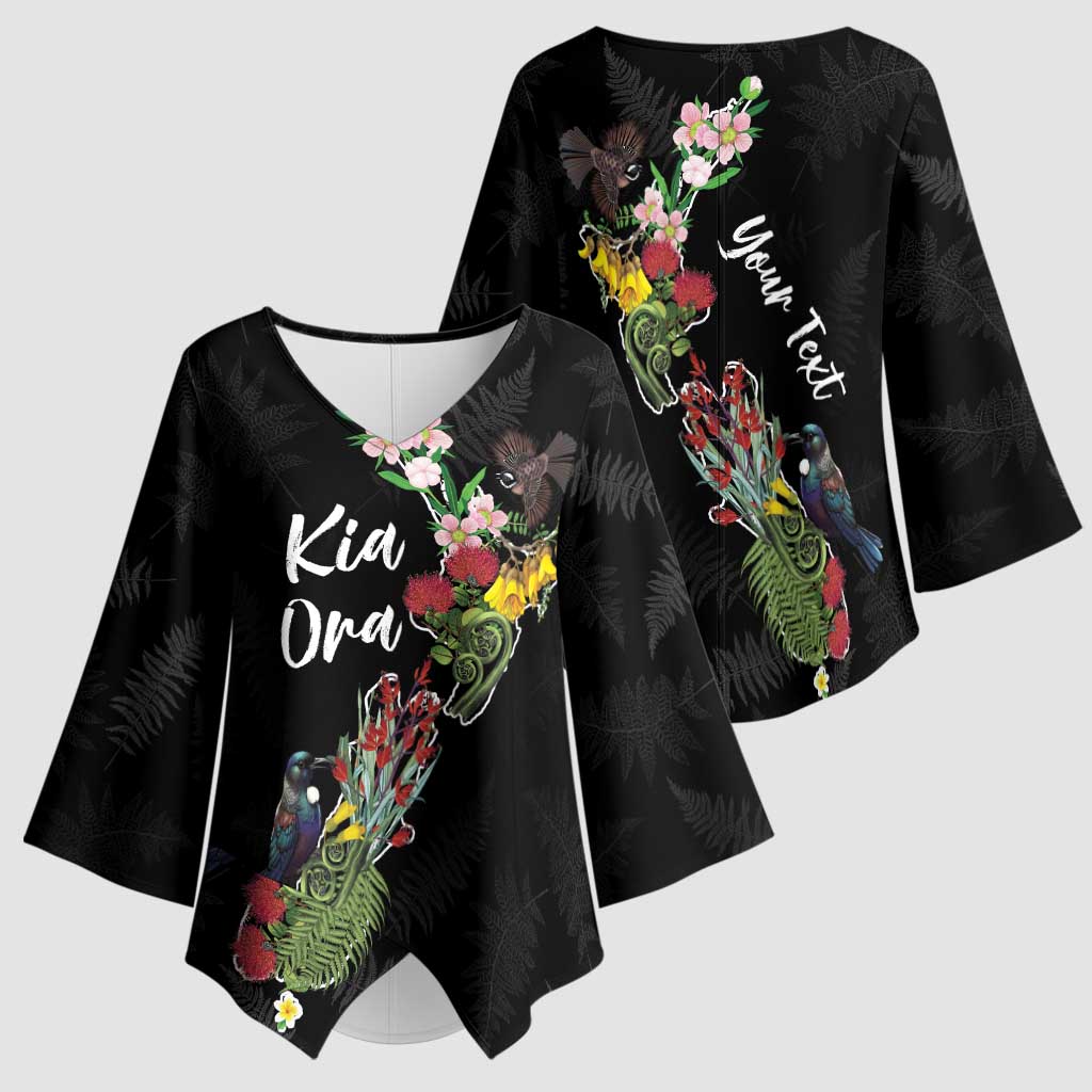 Kia Ora New Zealand Floral Personalized Kimono Sleeve Blouse Black LT7 - Polynesian Pride
