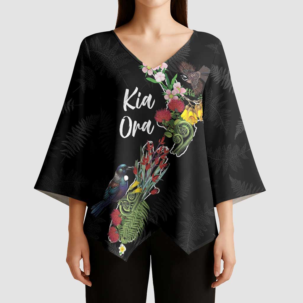 Kia Ora New Zealand Floral Personalized Kimono Sleeve Blouse Black LT7 - Polynesian Pride