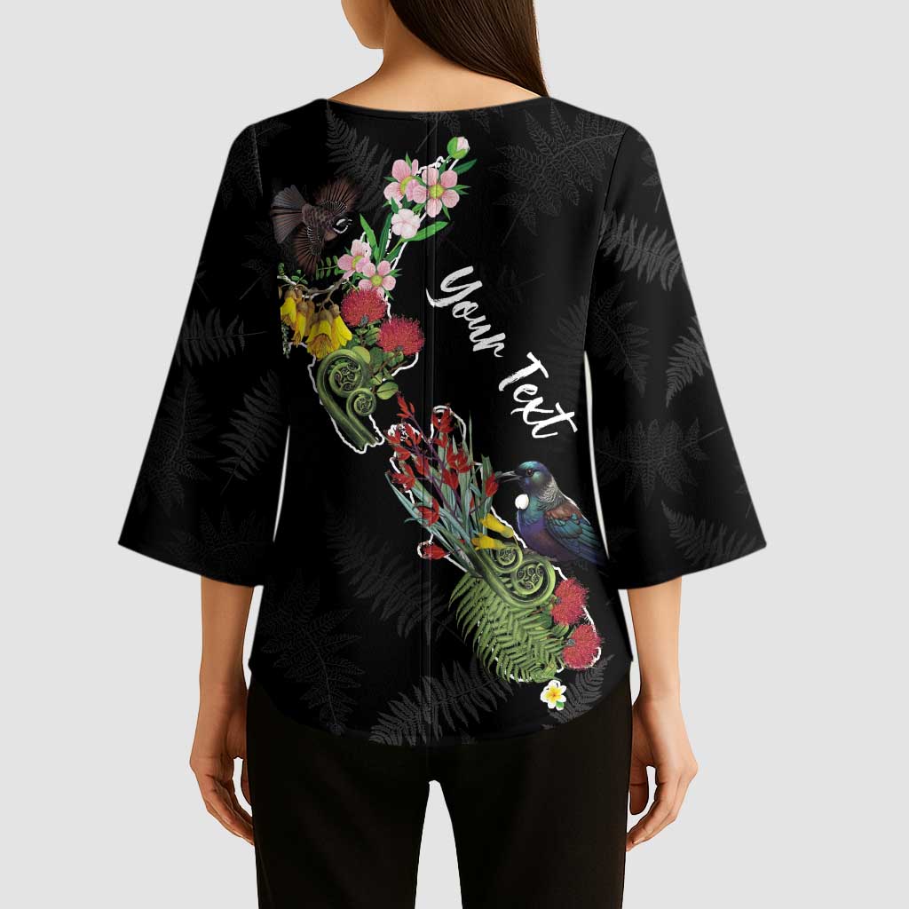 Kia Ora New Zealand Floral Personalized Kimono Sleeve Blouse Black LT7 - Polynesian Pride
