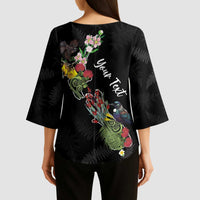 Kia Ora New Zealand Floral Personalized Kimono Sleeve Blouse Black LT7 - Polynesian Pride