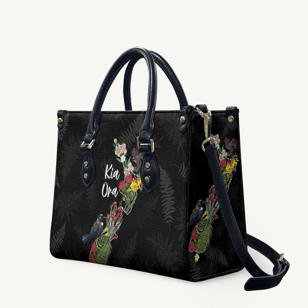 Kia Ora New Zealand Floral Leather Bag Black - Polynesian Pride