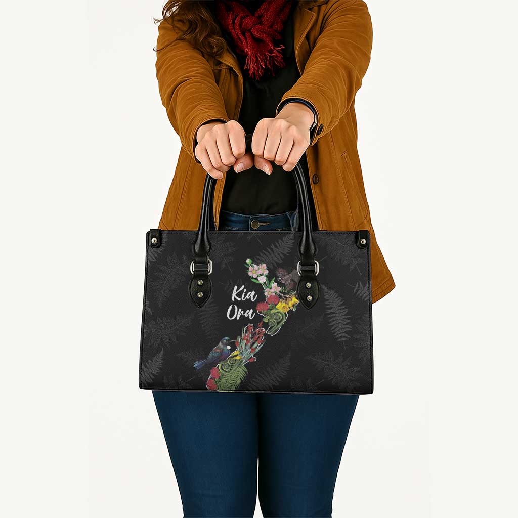 Kia Ora New Zealand Floral Leather Bag Black - Polynesian Pride