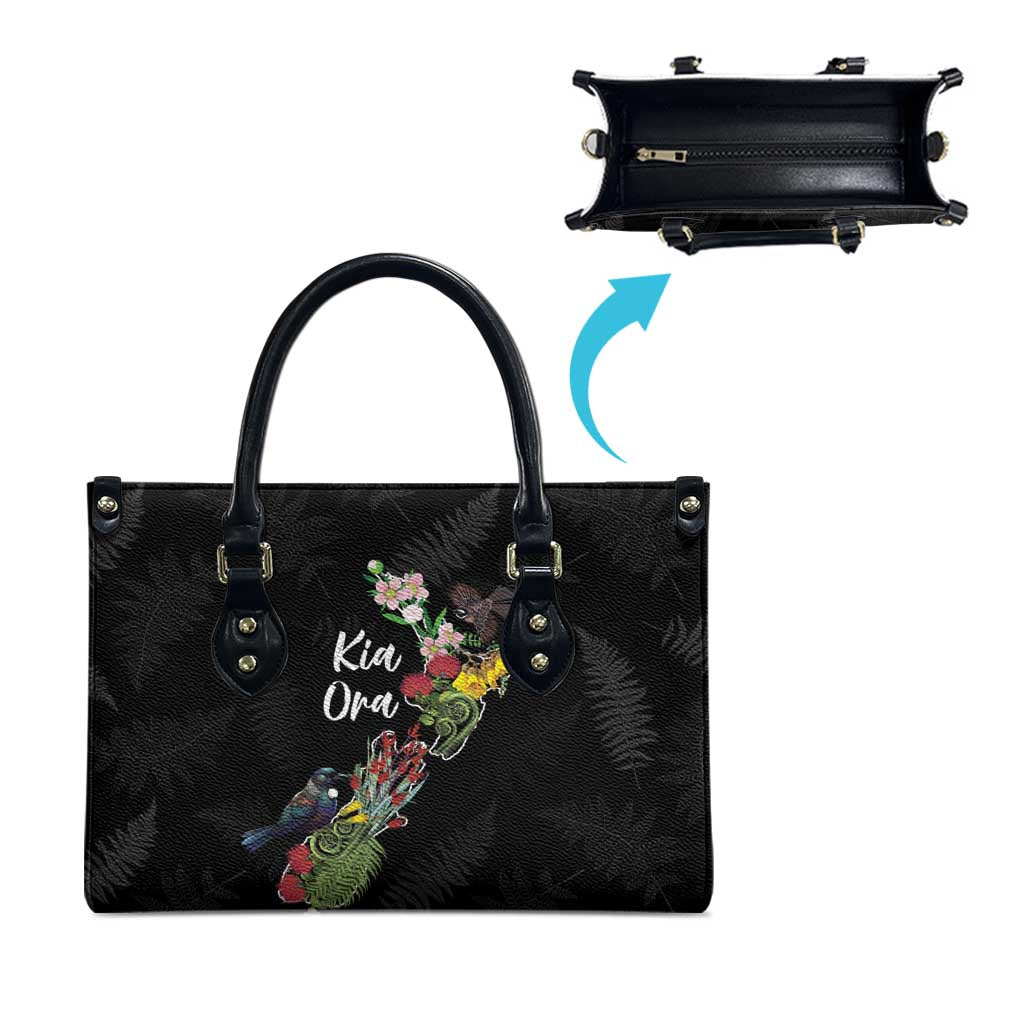Kia Ora New Zealand Floral Leather Bag Black - Polynesian Pride