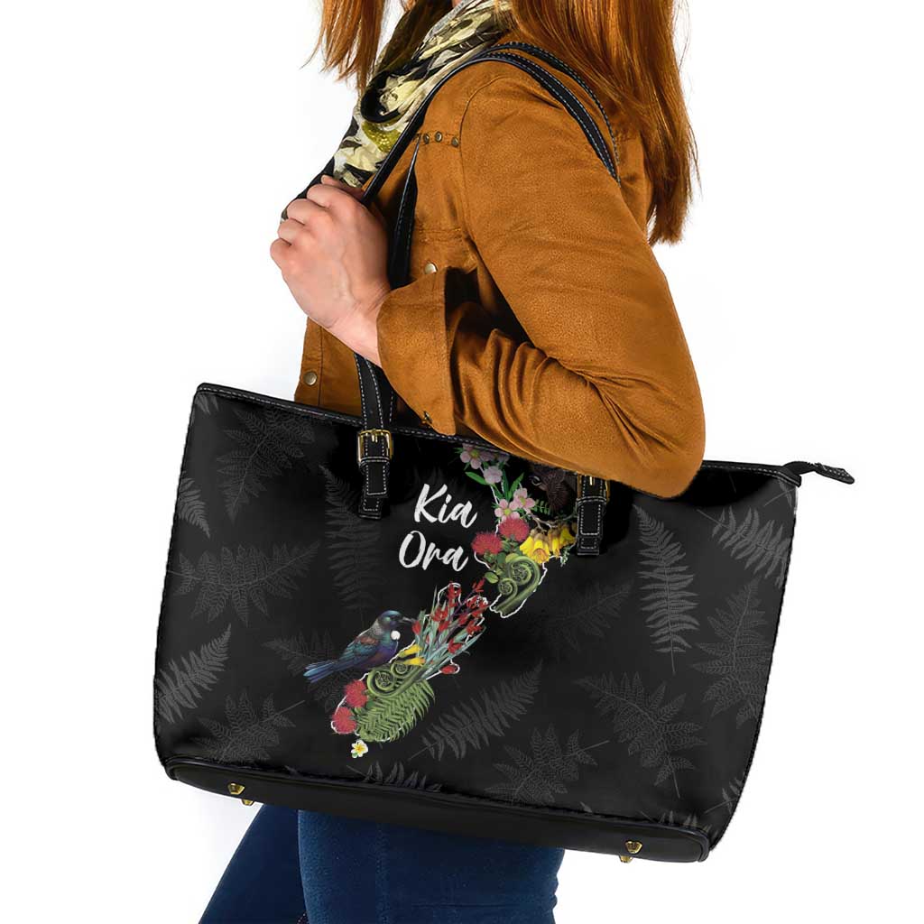 Kia Ora New Zealand Floral Leather Tote Bag Black LT7 Black - Polynesian Pride