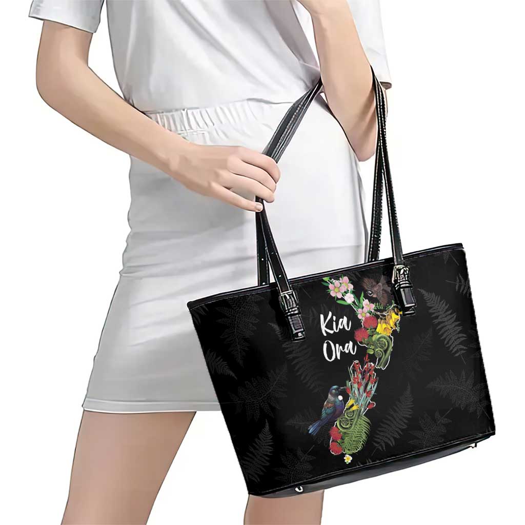 Kia Ora New Zealand Floral Leather Tote Bag Black LT7 - Polynesian Pride