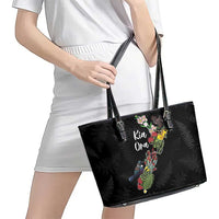 Kia Ora New Zealand Floral Leather Tote Bag Black LT7 - Polynesian Pride