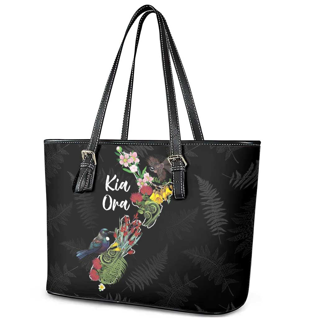 Kia Ora New Zealand Floral Leather Tote Bag Black LT7 - Polynesian Pride
