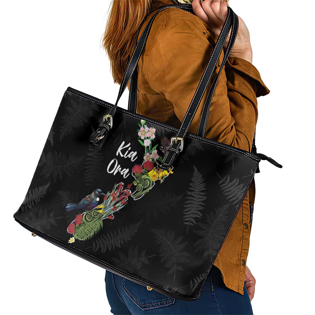 Kia Ora New Zealand Floral Leather Tote Bag Black LT7 - Polynesian Pride