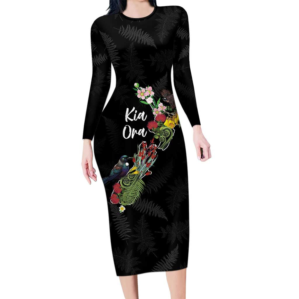 Kia Ora New Zealand Floral Personalized Long Sleeve Bodycon Dress Black - Polynesian Pride