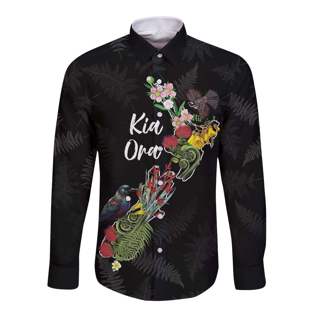Kia Ora New Zealand Floral Personalized Long Sleeve Button Shirt Black LT7 Unisex Black - Polynesian Pride