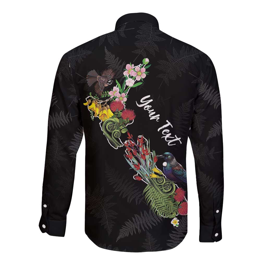 Kia Ora New Zealand Floral Personalized Long Sleeve Button Shirt Black LT7 - Polynesian Pride