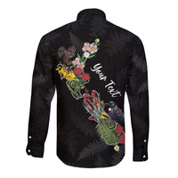 Kia Ora New Zealand Floral Personalized Long Sleeve Button Shirt Black LT7 - Polynesian Pride