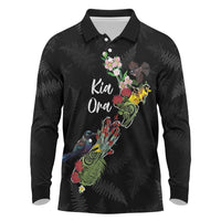Kia Ora New Zealand Floral Personalized Long Sleeve Polo Shirt Black LT7 Black - Polynesian Pride