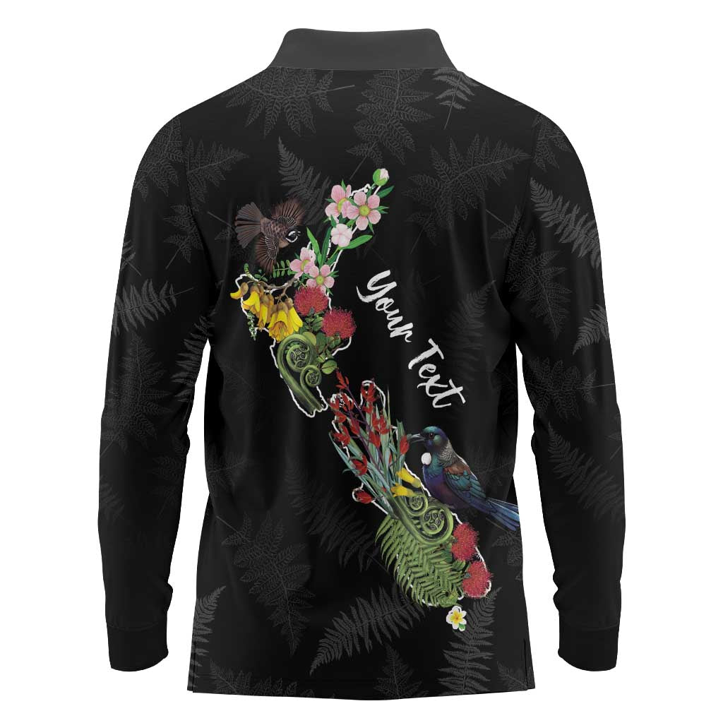 Kia Ora New Zealand Floral Personalized Long Sleeve Polo Shirt Black LT7 - Polynesian Pride
