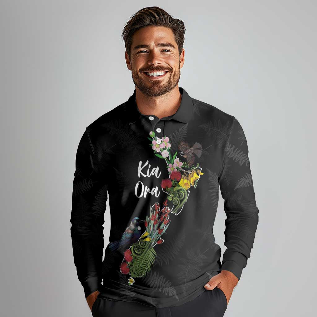 Kia Ora New Zealand Floral Personalized Long Sleeve Polo Shirt Black LT7 - Polynesian Pride