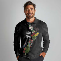 Kia Ora New Zealand Floral Personalized Long Sleeve Polo Shirt Black LT7 - Polynesian Pride
