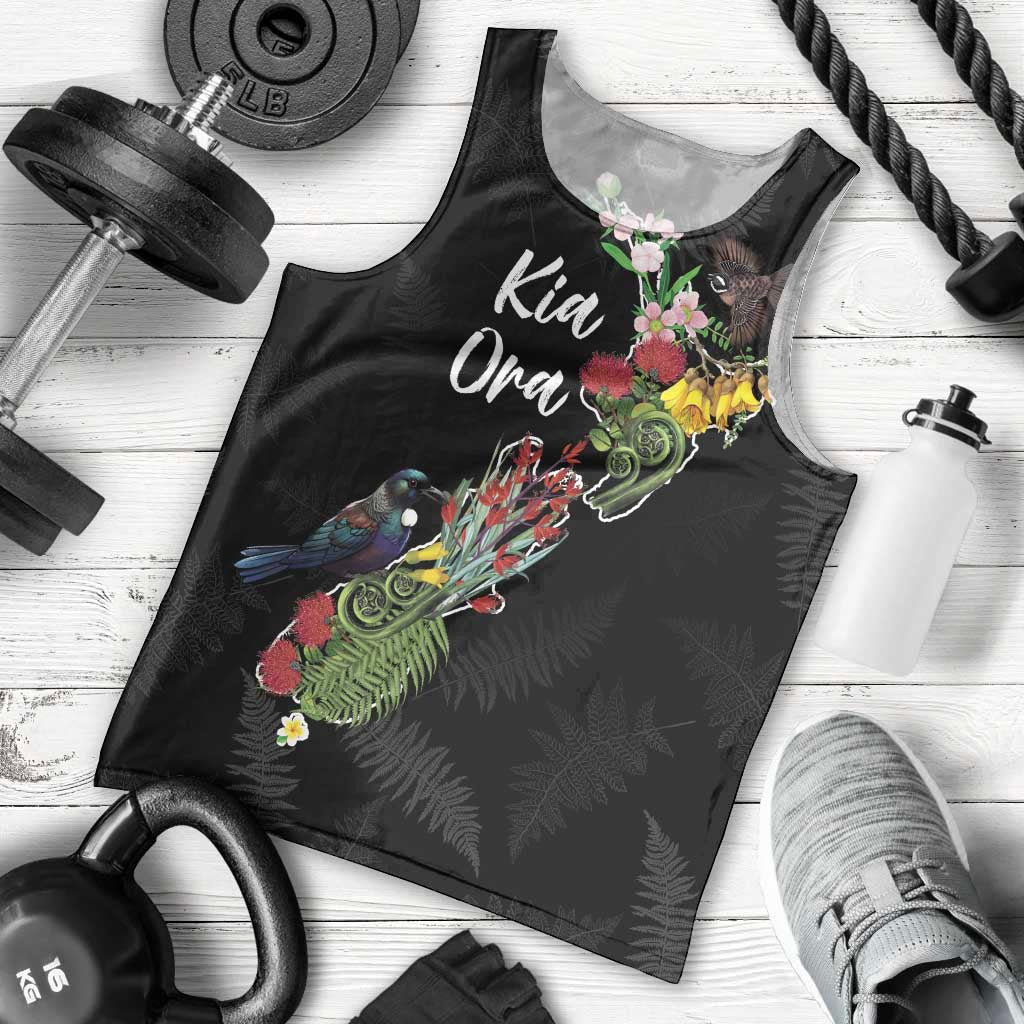 Kia Ora New Zealand Floral Personalized Men Tank Top Black LT7 - Polynesian Pride