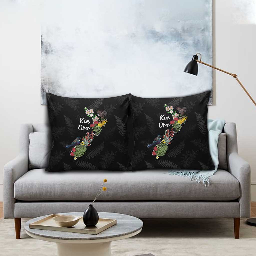 Kia Ora New Zealand Floral Pillow Cover Black - Polynesian Pride